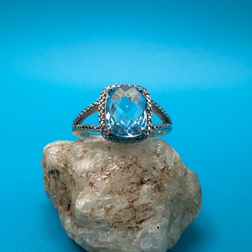 🩵925 Silver 4ct Blue Topaz & Diamond Accent Cushion Cut Ring🩵